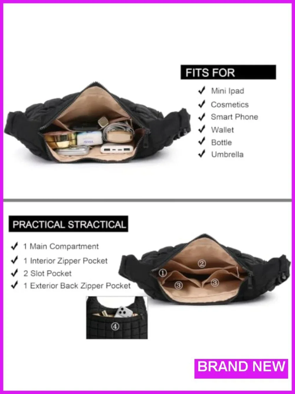 Quilted Nylon Crossbody Shoulder Hobo Bag for Women Padded Adjustable Strap